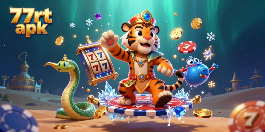 Experience thrilling gameplay with 77rt apk, featuring a vibrant scene of a sultan on a poker chip flying carpet.