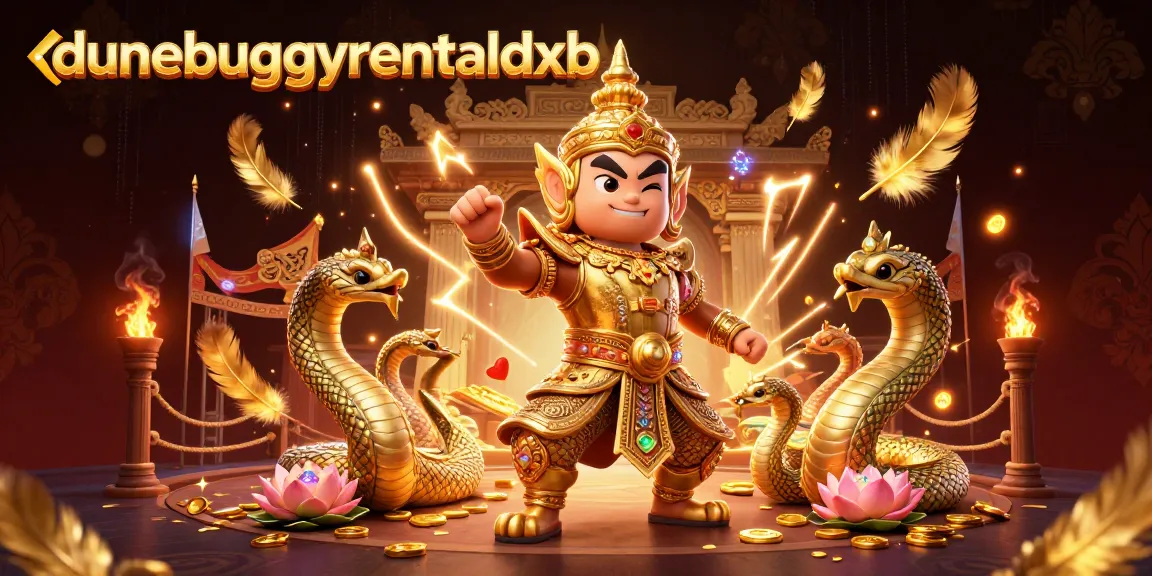 Experience the thrill of dunebuggyrentaldxb with a vibrant 3D gaming scene featuring a fierce yaksha and golden Naga.