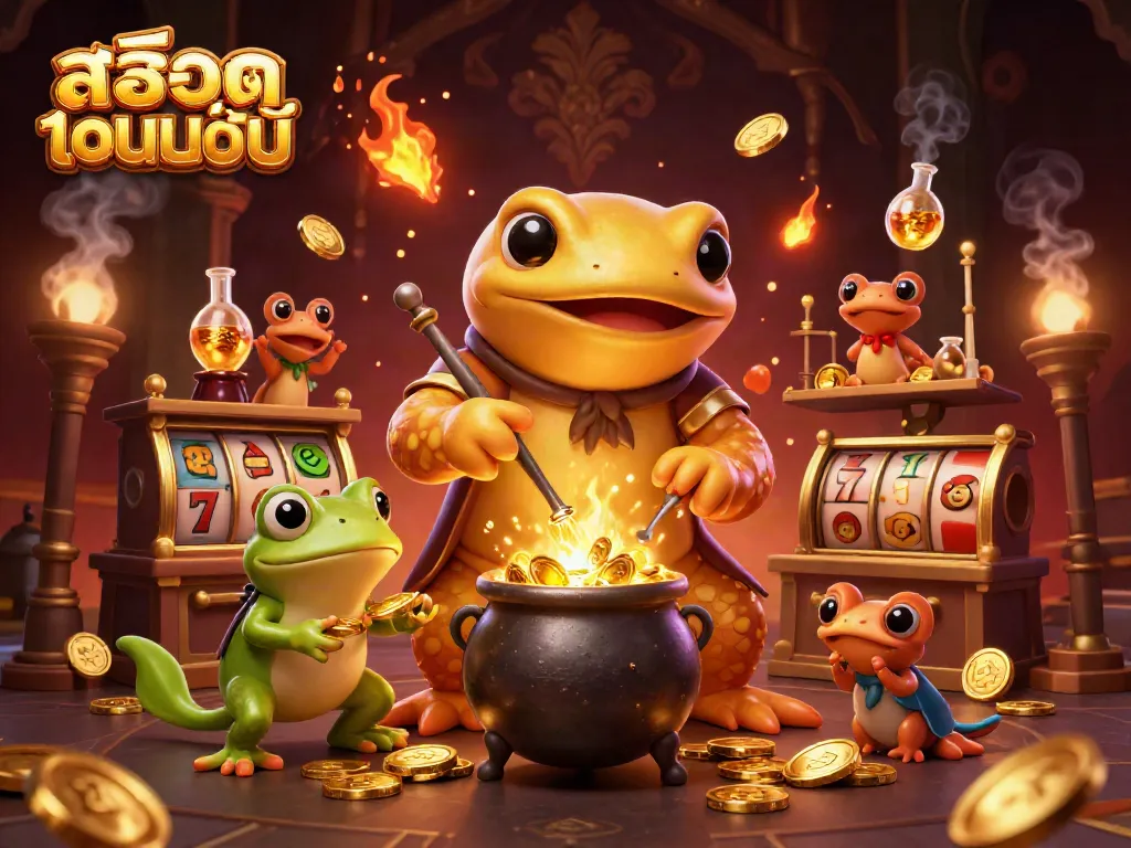 Engage with สล็อตออนไลน์ through a vibrant 3D casino scene showcasing dynamic slot elements and golden characters.
