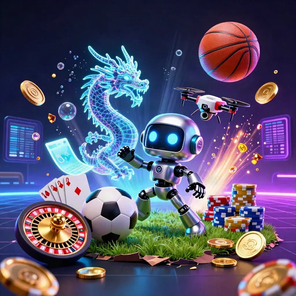 Cyberpunk robot, dragon, and drone amid flying casino props and sports balls