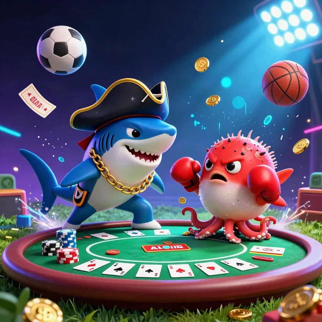 Pirate shark, boxing pufferfish, and coin-juggling octopus in cosmic casino chaos with balls and chips.