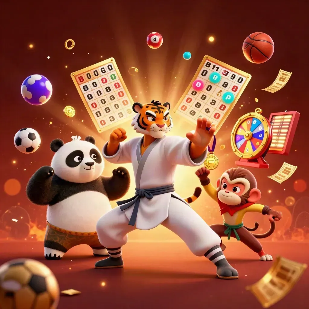 Kung-fu tiger, panda, and monkey amid lottery balls, prize wheel, medals, and casino glow