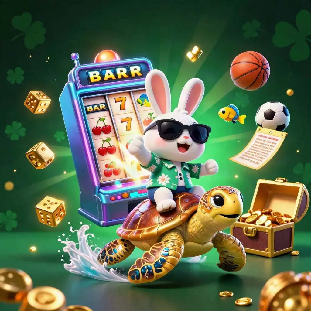 Lucky rabbit rides jeweled turtle amid jackpot bursts, gold, fish, and sports betting icons.