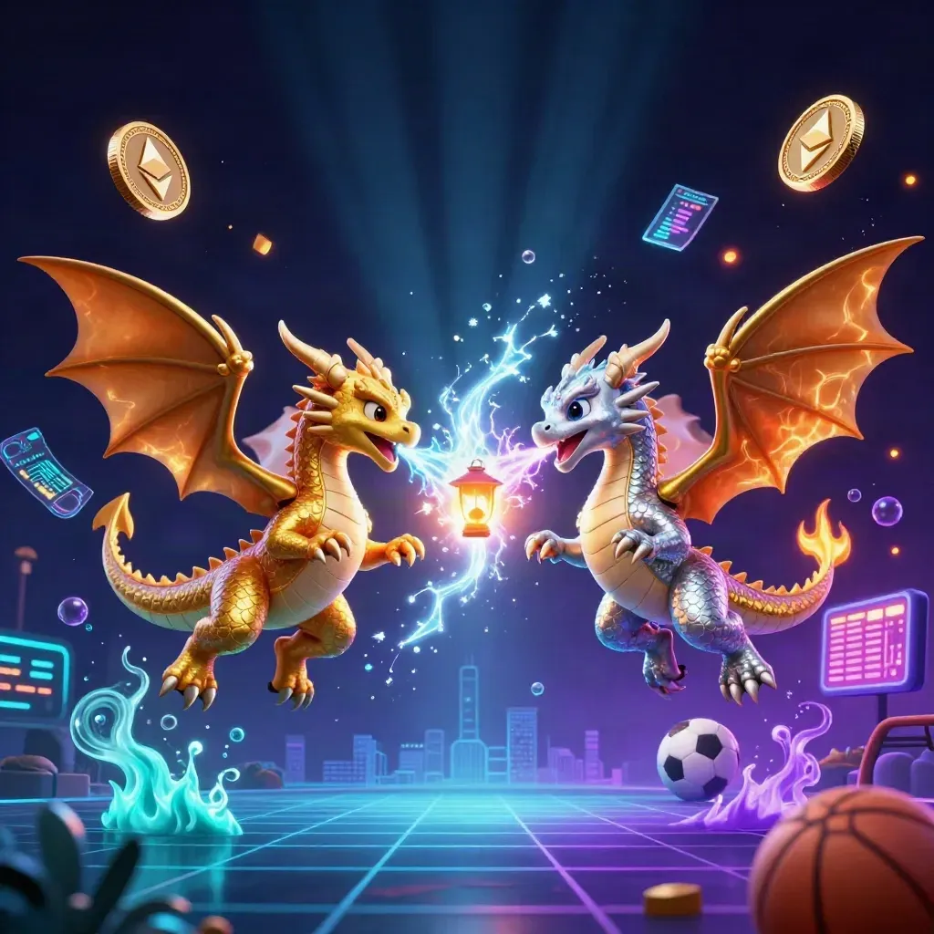 Twin gold and silver dragons in cosmic casino light, coins, charts, lightning, and sports balls