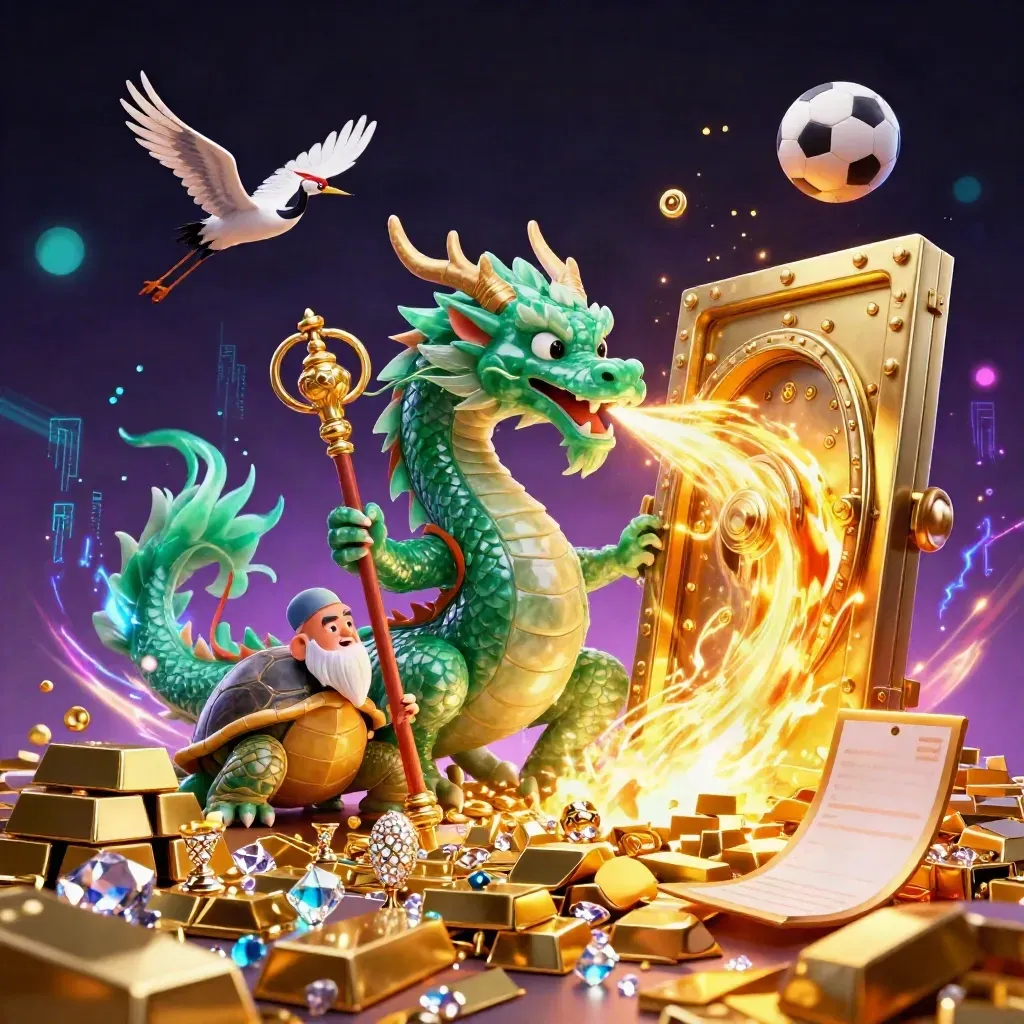 Dragon, turtle sage, and cranes amid gold, fire, and cosmic casino lights.