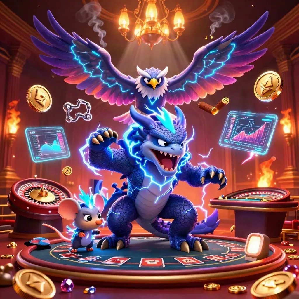 Dragon, hawk, and mouse amid casino glow, coins, charts, lightning, and a spinning roulette wheel.