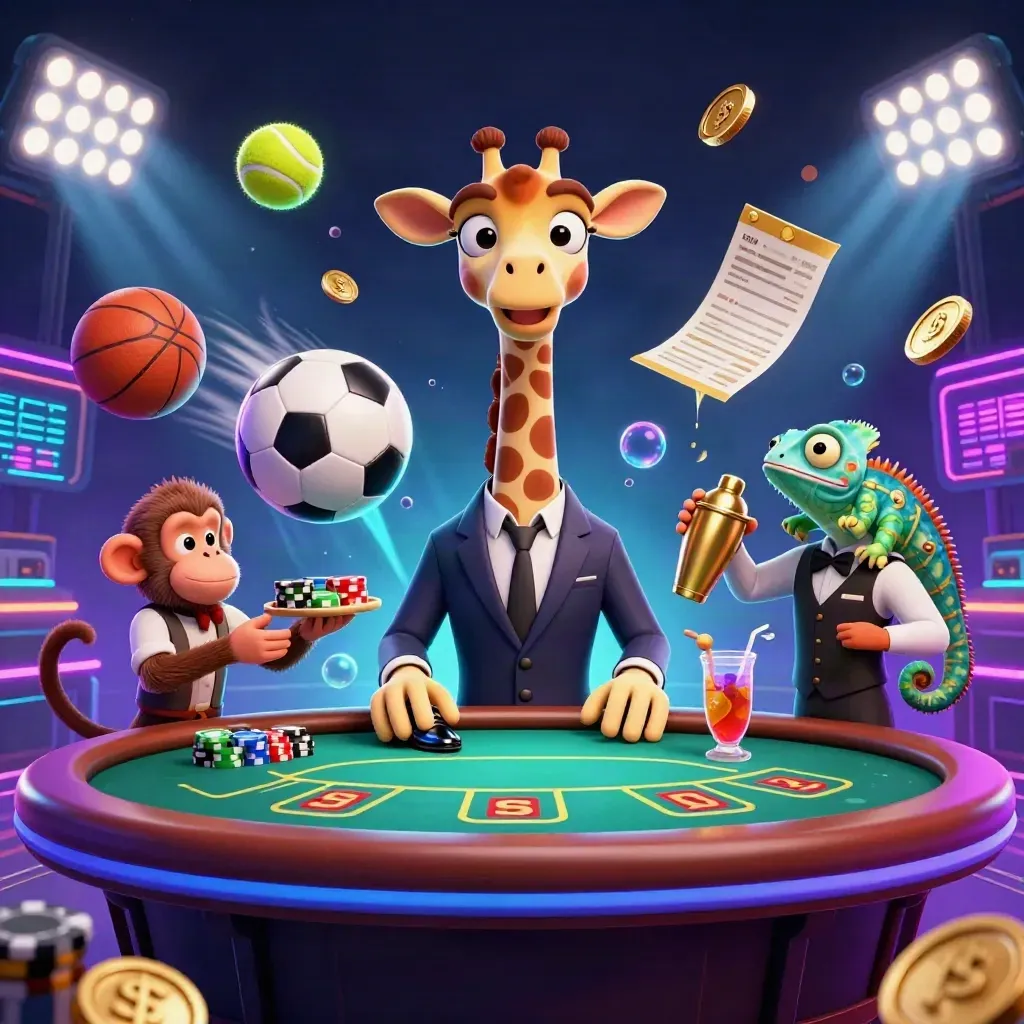 Ground-level neon casino splash with animal high rollers, flying sports balls, gold, and cosmic light.