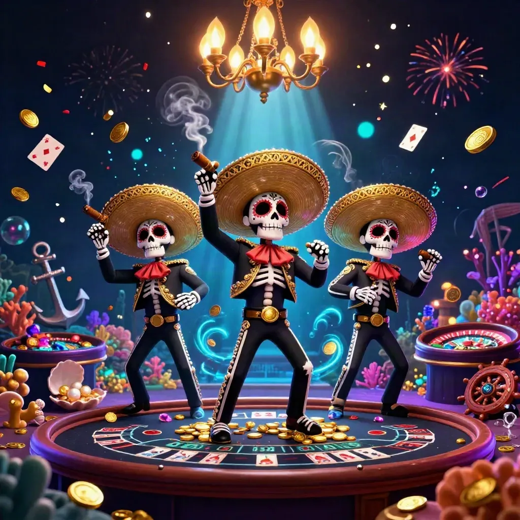 Skeleton mariachi trio in a cosmic casino with gold coins, coral, fireworks, and glowing treasure.