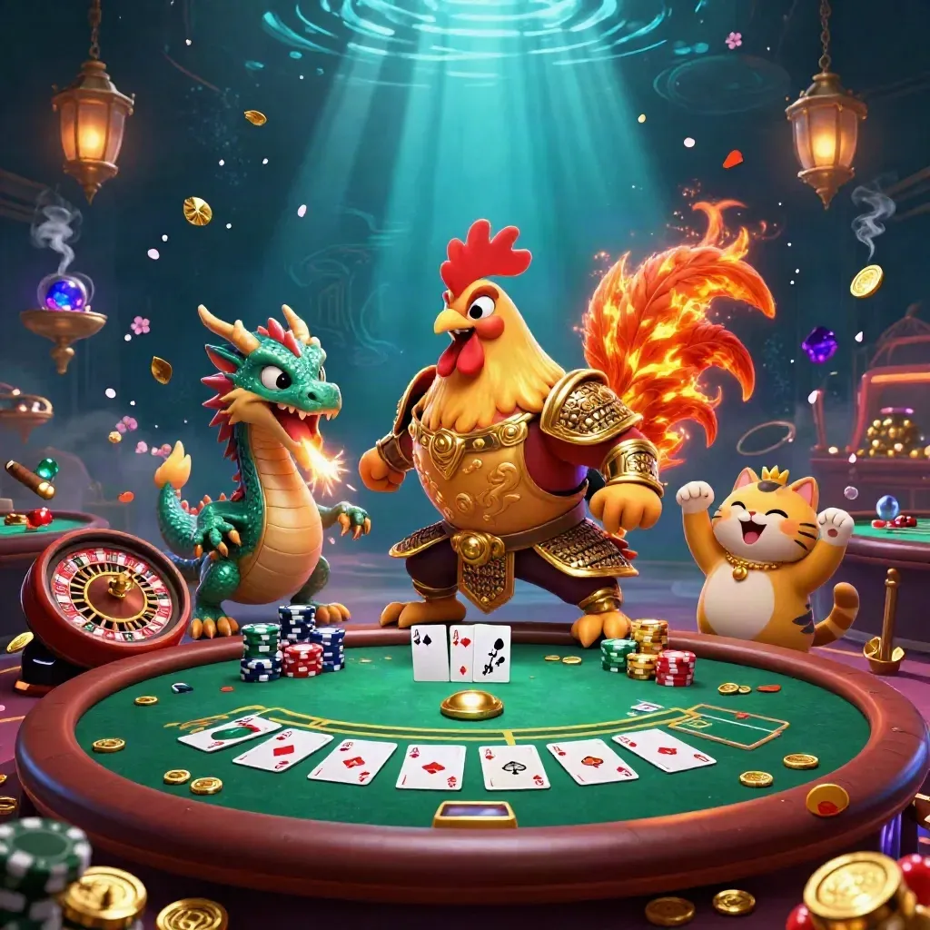 Rooster warrior, dragon hatchling, and fortune cat in a glowing cosmic casino scene.