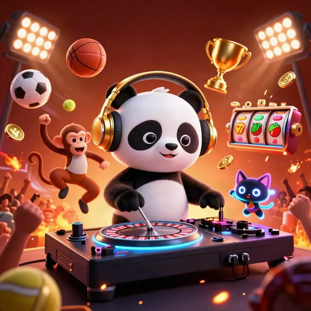 DJ panda, dancing monkey, and rave kitten amid sports balls, coins, and neon casino effects.