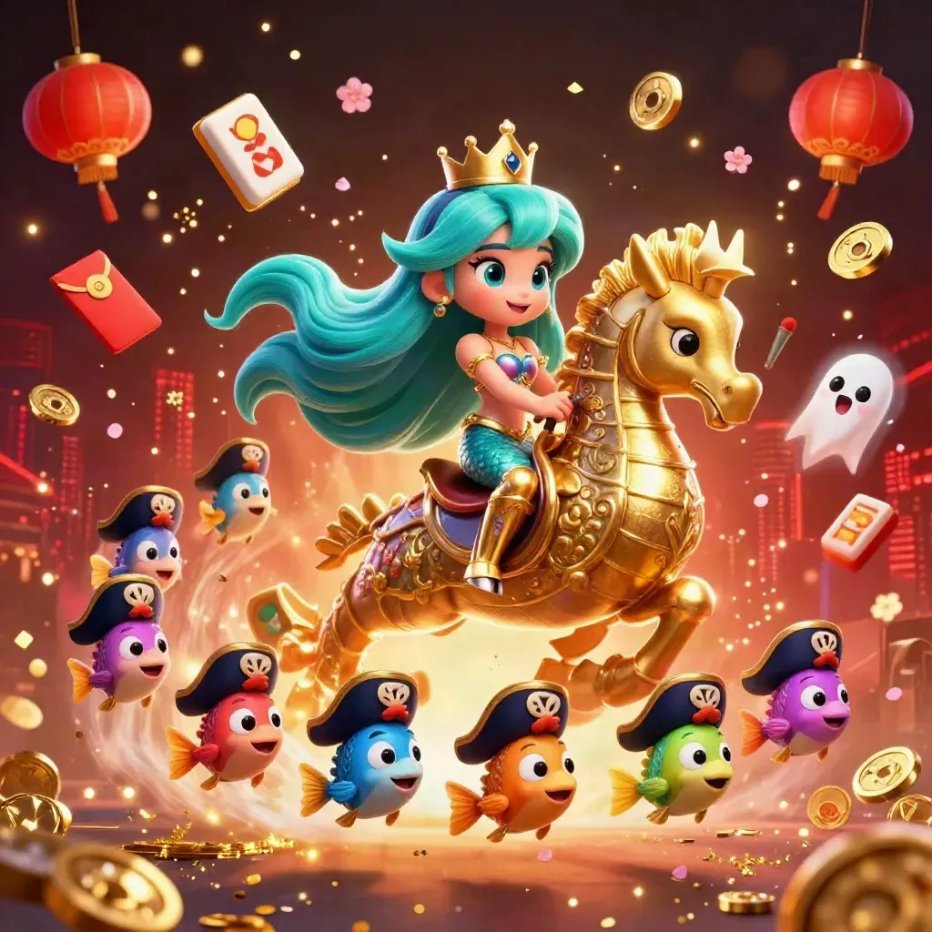 Mermaid princess on armored seahorse amid treasure, lanterns, fish, and neon casino effects.