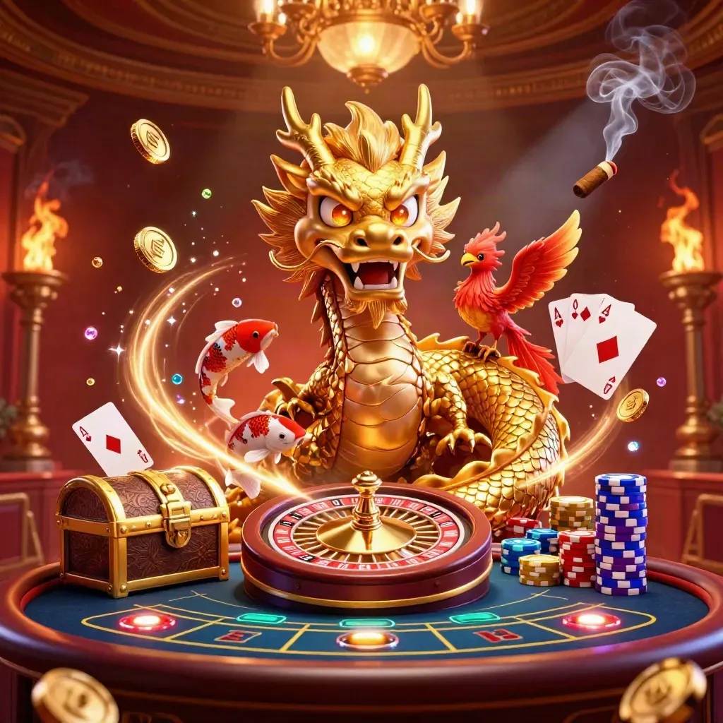 Golden dragon, phoenix, koi, roulette wheel, coins, chips in a cosmic casino glow.