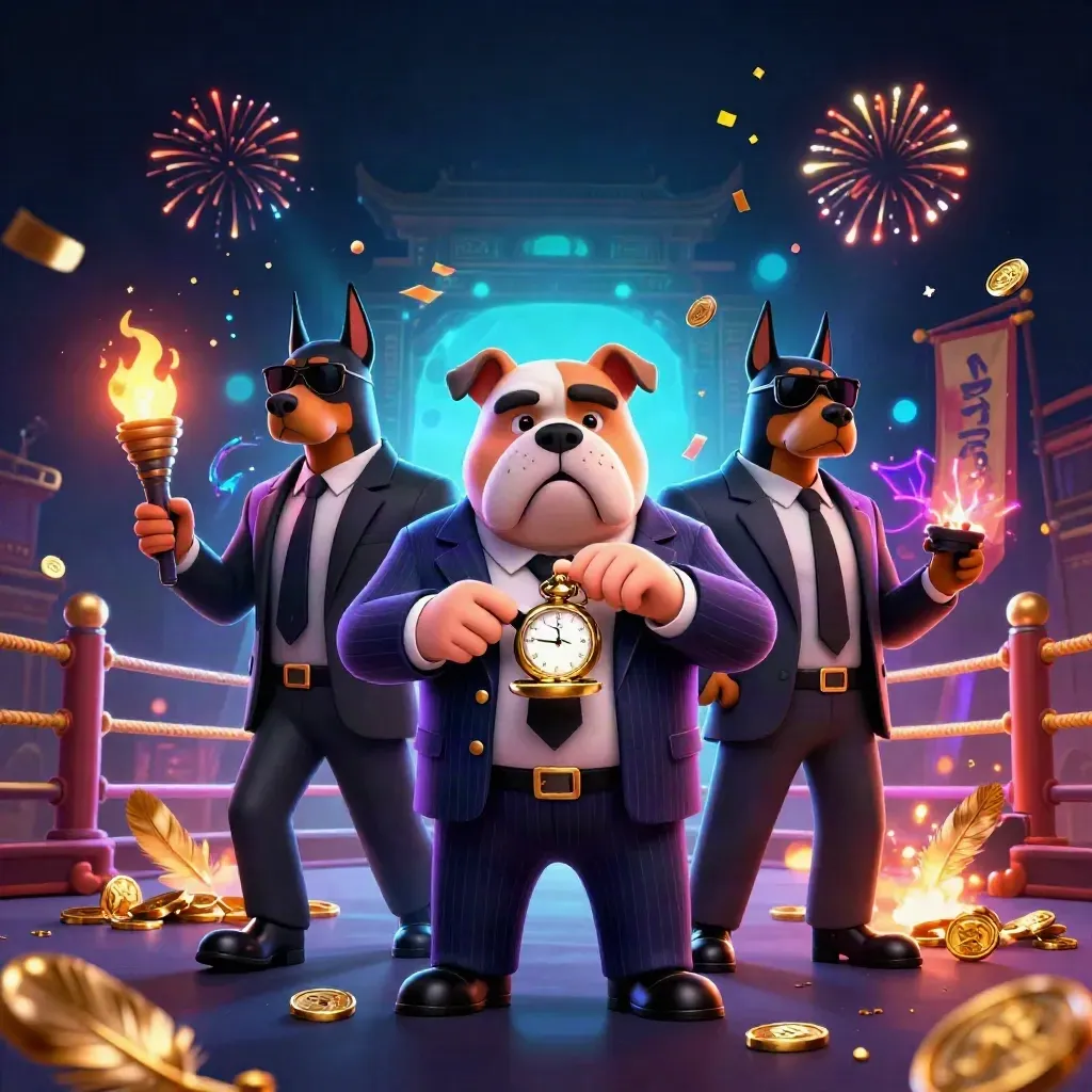 Three mobster dogs amid coins, temple gates, confetti, sparks, and cyan cosmic glow.