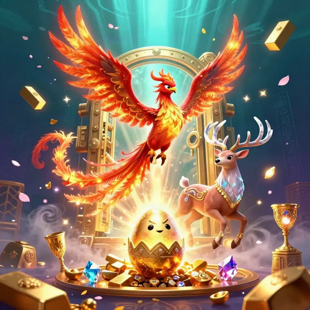 Fire phoenix, hatchling, and crystal-antler stag burst from a glowing treasure vault