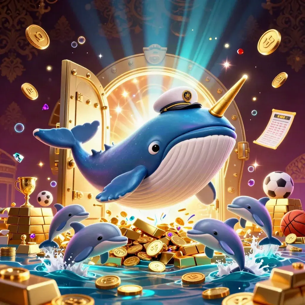Whale captain, narwhal, and dolphins burst from coins before a glowing treasure vault, sports props flying.