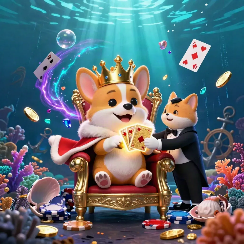 Royal corgi and cat butler in an underwater treasure cove with coins, coral, and glowing energy.