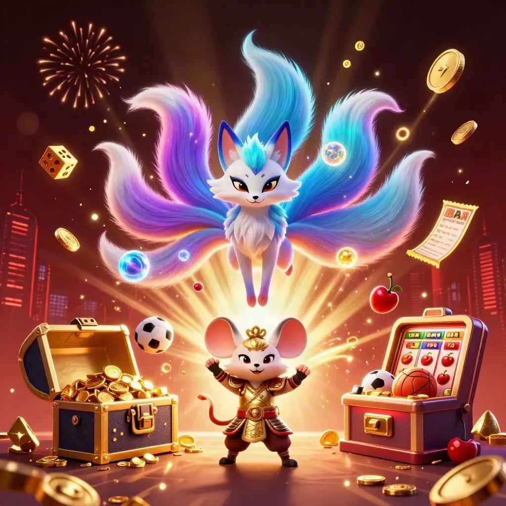 Fox spirit and samurai mouse amid jackpot bursts, coins, vault, sports props, and fireworks.