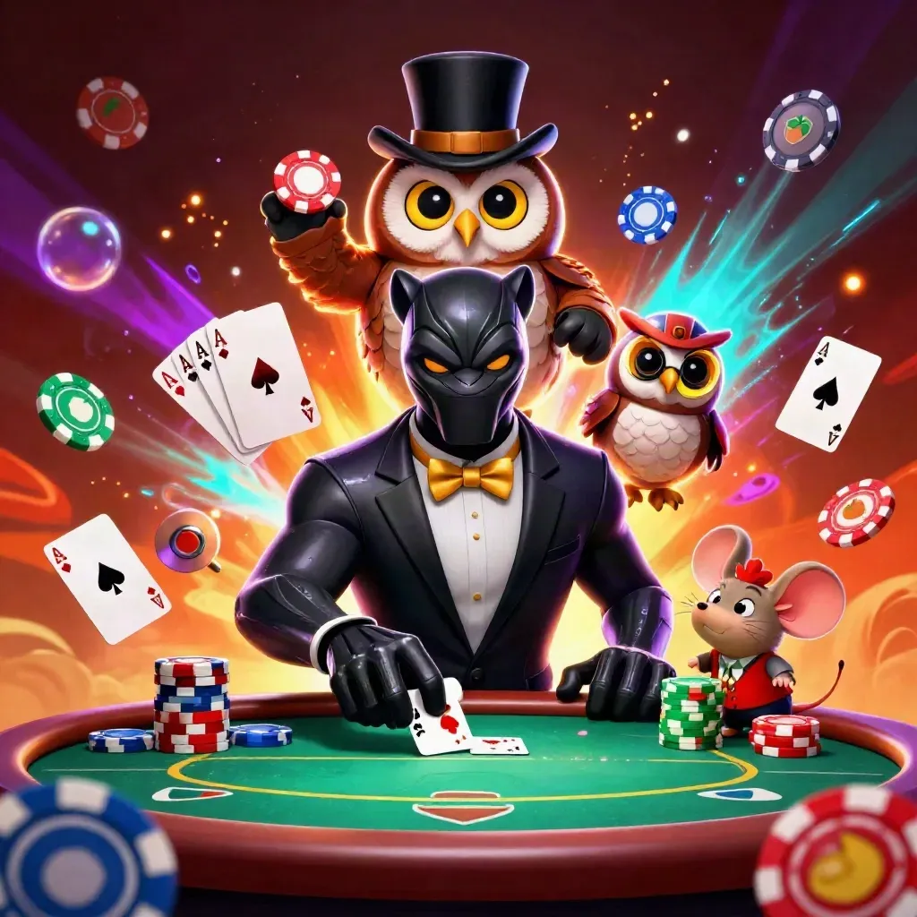 Panther, owl, and mouse deal cards amid chips, aces, and neon casino glow.
