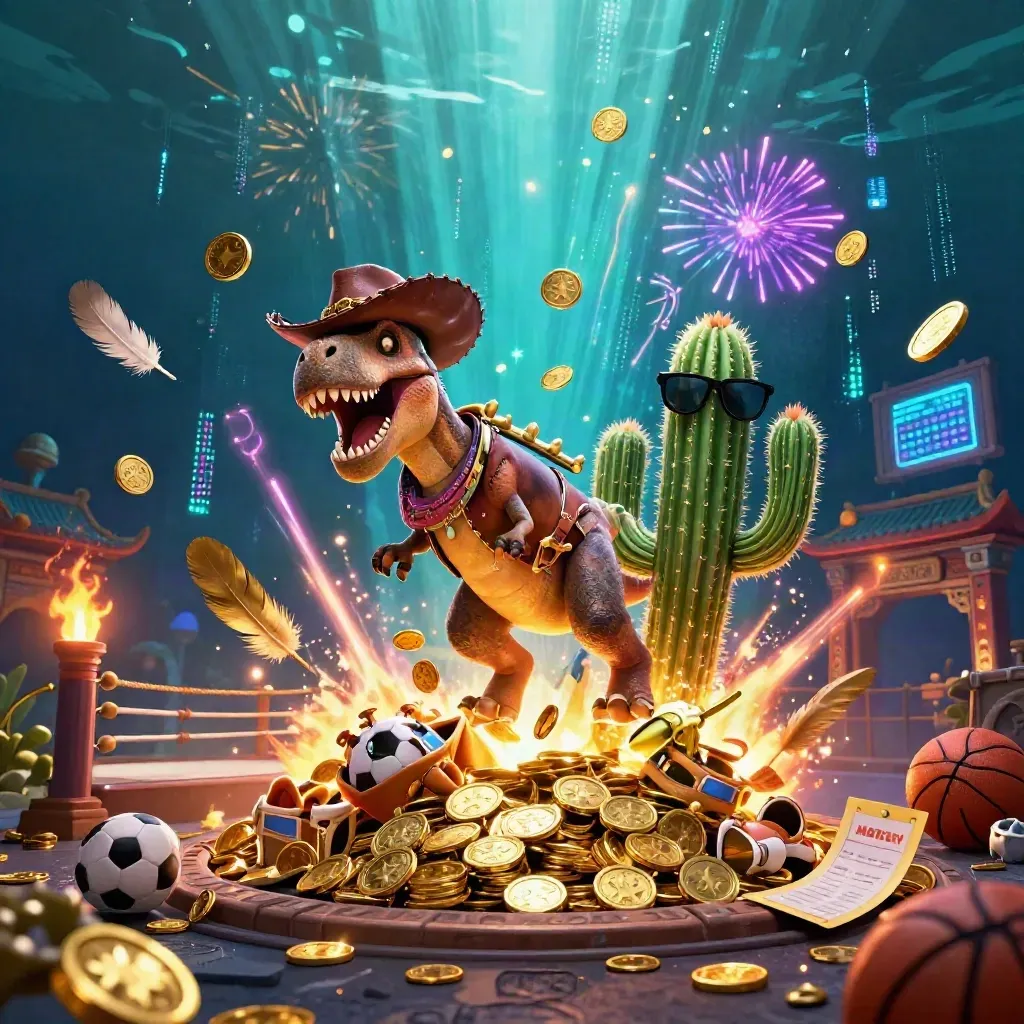 Cowboy T-Rex, cactus sidekick, and roadrunner burst from a vault amid coins, fireworks, and neon glow.