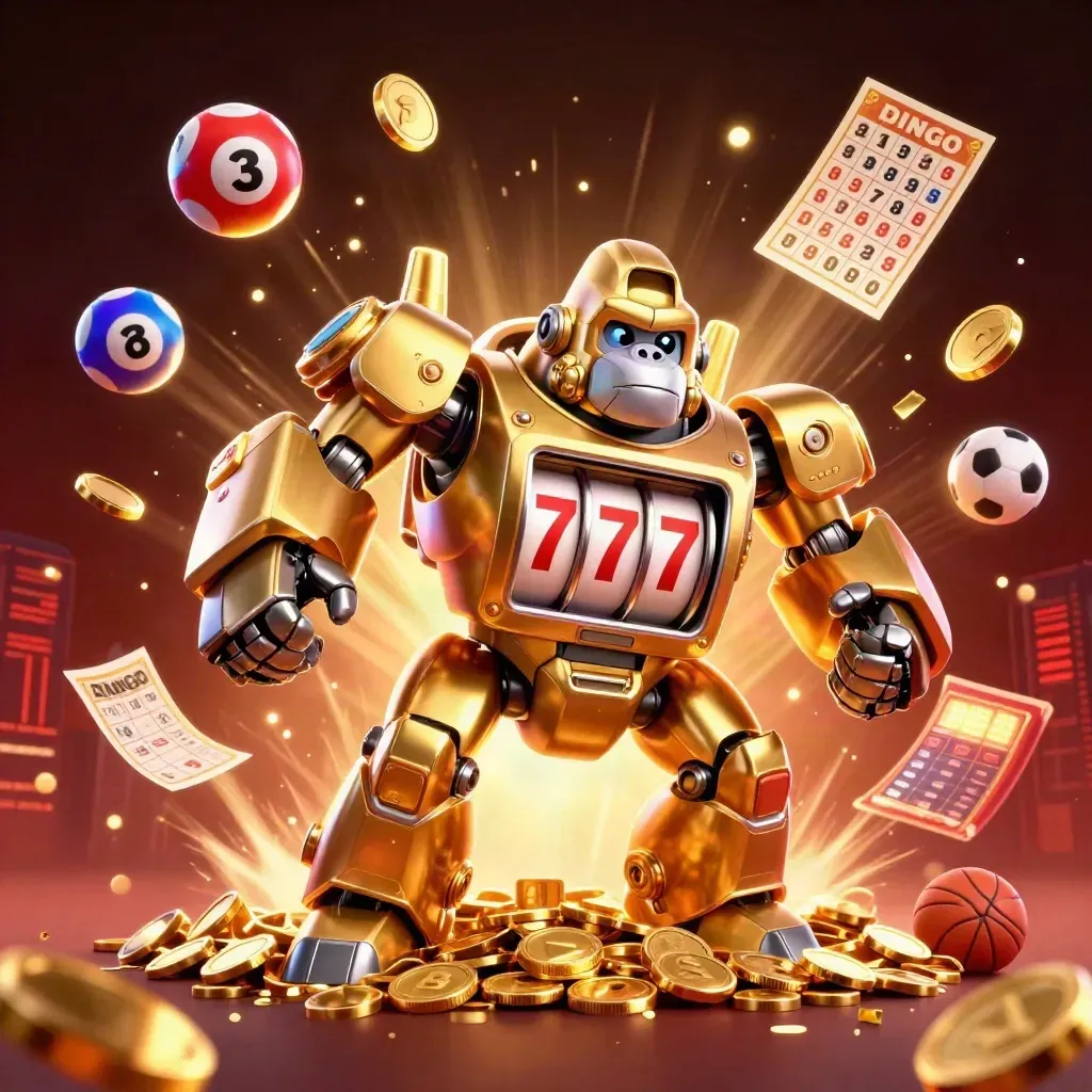 Golden gorilla mech, monkey pilot, coins, fireworks, lottery balls, prize wheel, dark neon casino scene.