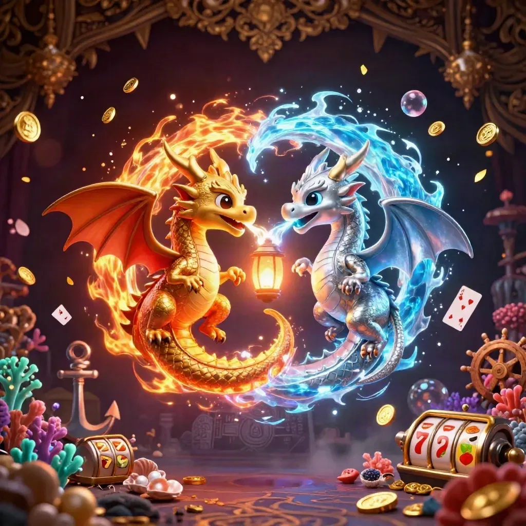 Gold and silver dragons spiral around a lantern spirit in a cosmic casino treasure cove.