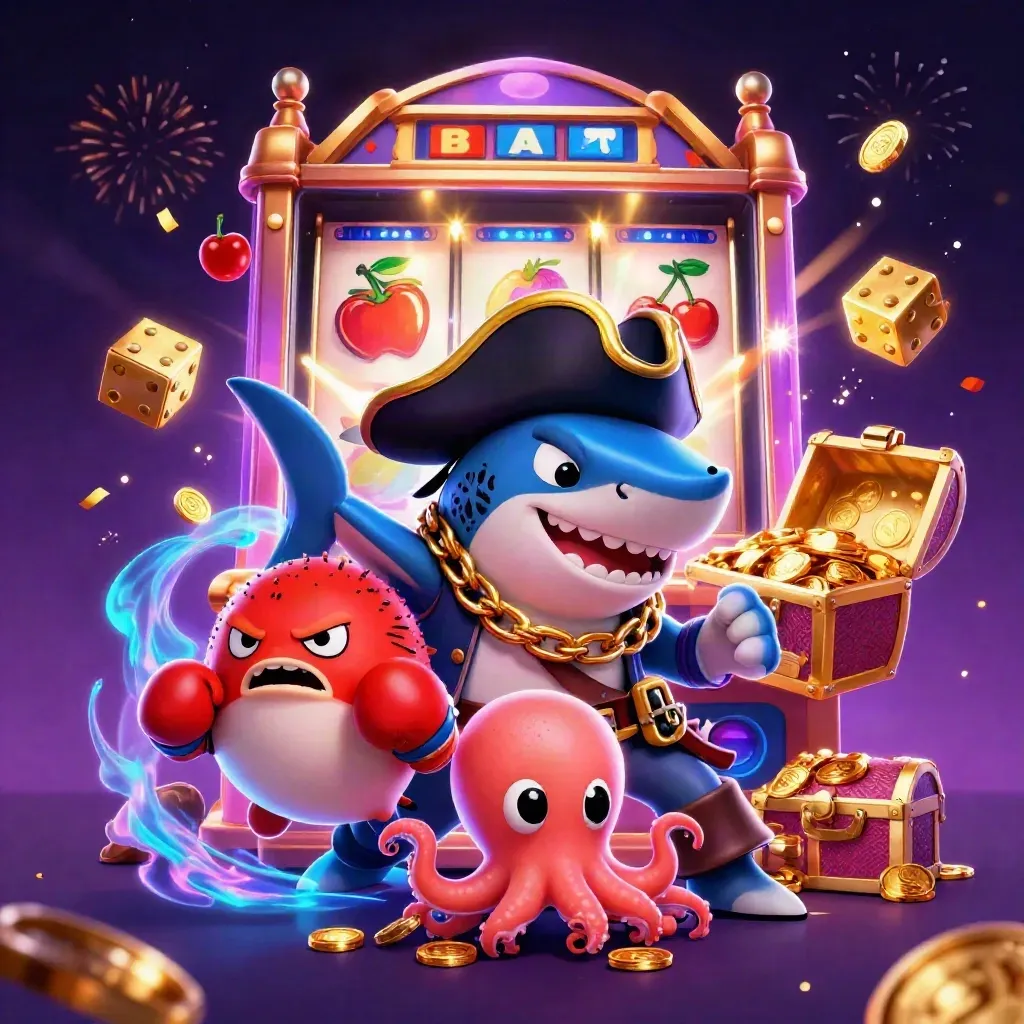 Shark pirate, boxing pufferfish, and coin-juggling octopus with exploding slot machine