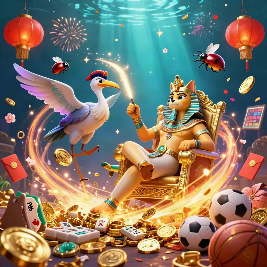 Pharaoh cat, ibis scribe, and scarabs amid coins, fireworks, and sports bets in a cosmic casino splash.