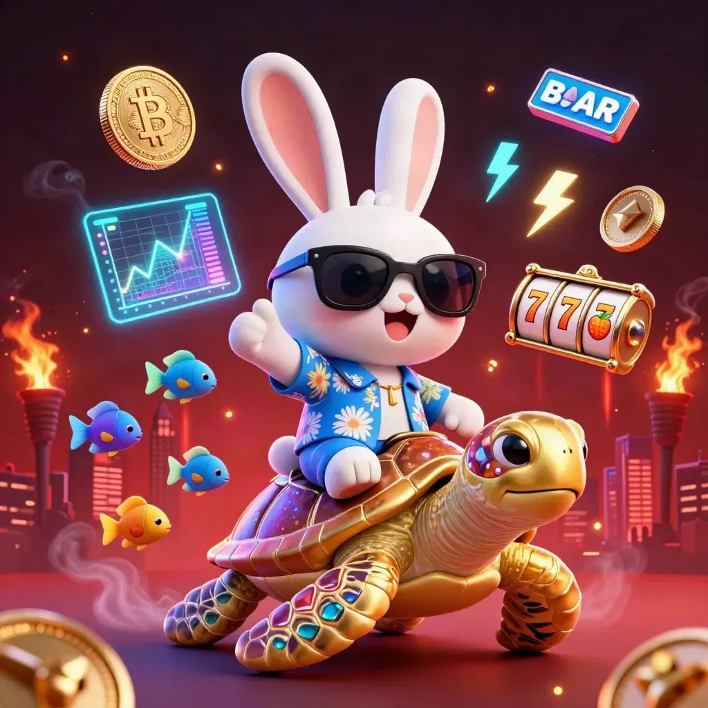 Lucky rabbit rides a gem shell sea turtle amid coins, reels, sparks, and neon casino energy.