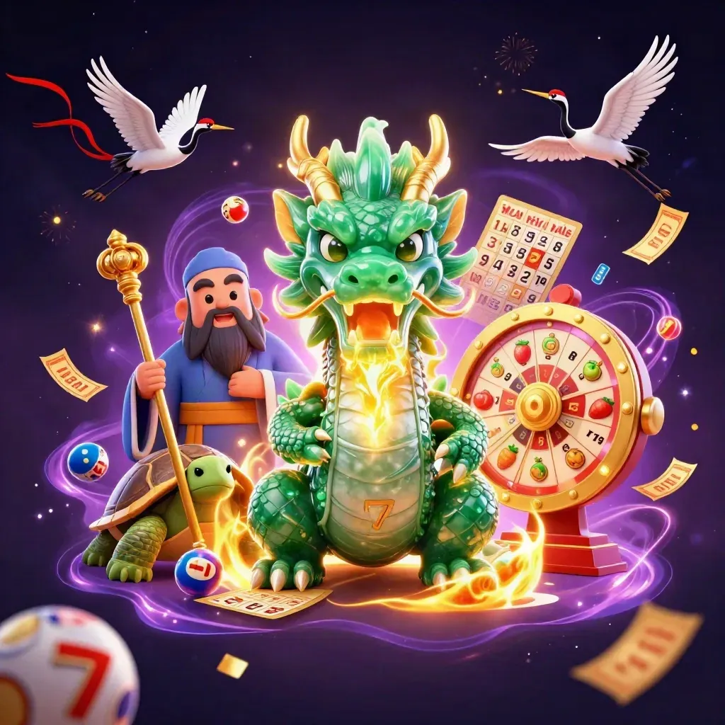 Emerald dragon, turtle sage, and cranes amid casino tokens in cosmic neon.