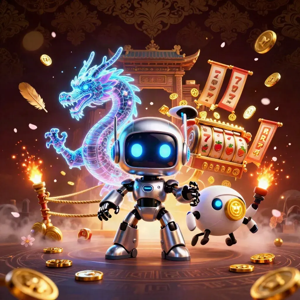 Robot mascot, holographic dragon, and coin drone amid casino relics and cosmic glow.