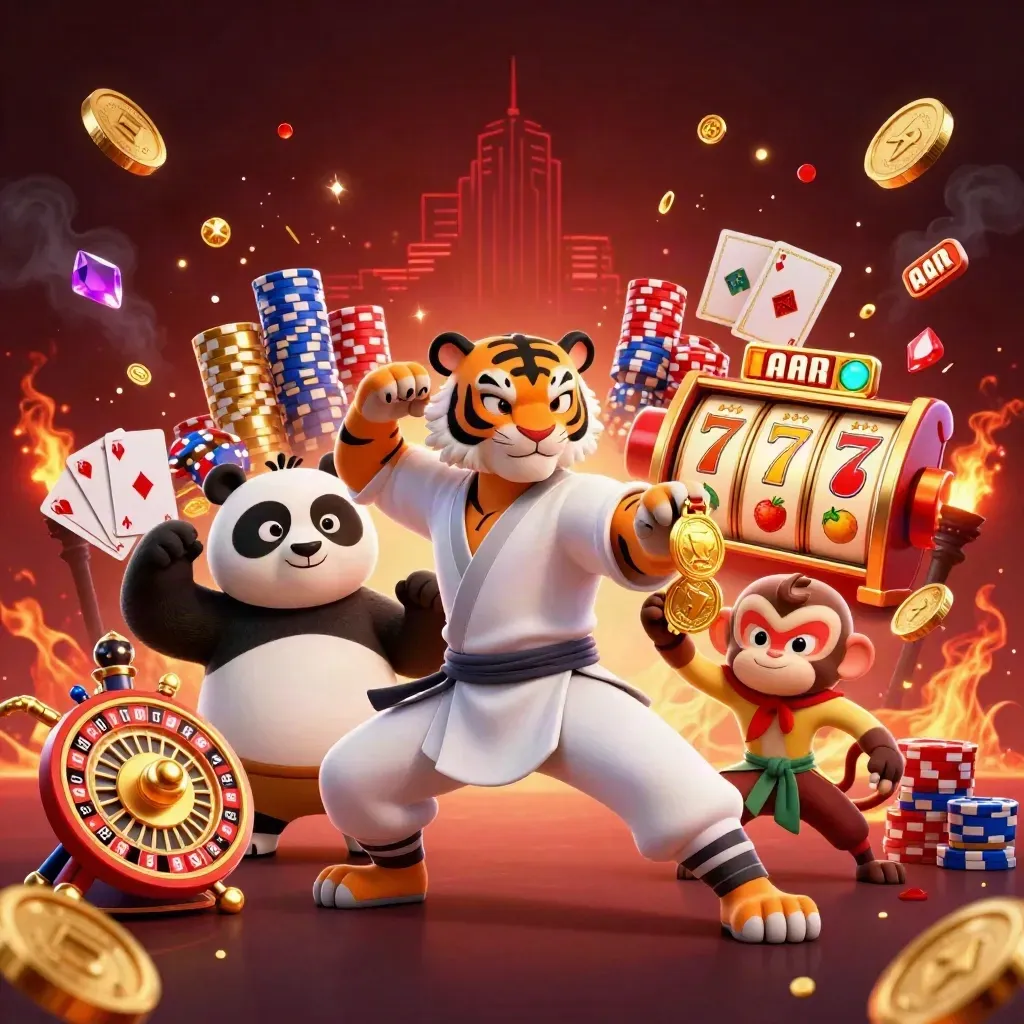 Kung-fu tiger, panda, and monkey amid gold coins, roulette wheel, chips, and casino effects.