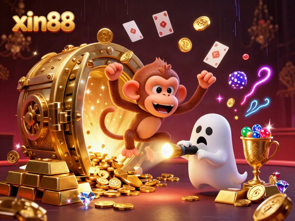 Experience the thrills of xin88 with a ghost-hunter puppy tracking a mischievous poltergeist monkey in a dazzling casino scene.