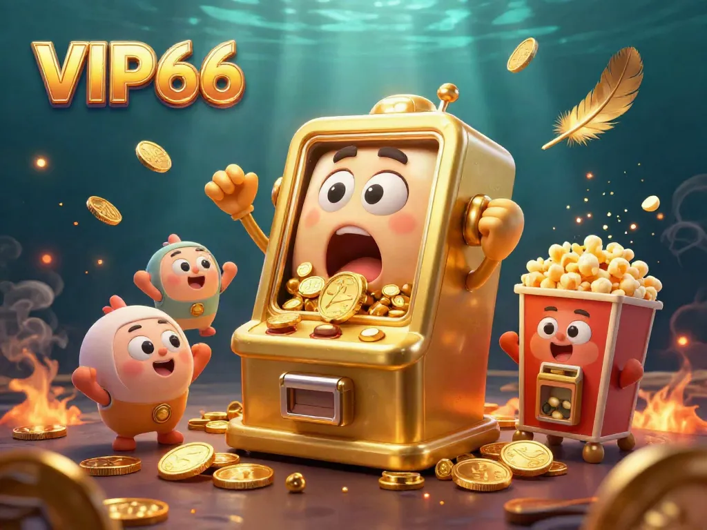 Engaging 3D illustration of VIP66 slot machine celebrating a jackpot amidst dynamic casino elements.