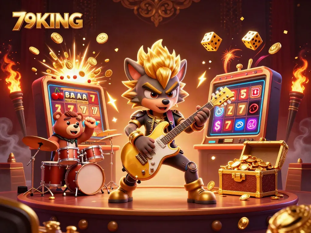 Experience the thrill of 79KING as a rock star wolf brings excitement to a vibrant casino stage.