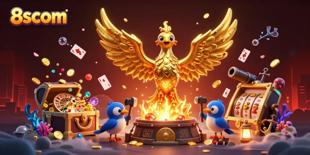 Experience thrilling casino action with 8scom, featuring vibrant 3D golden phoenix and dynamic game elements.
