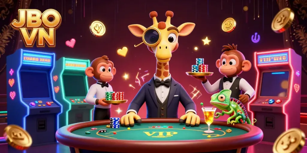 Experience thrilling moments at JBO VN with a high-roller giraffe and a monkey valet amidst vibrant casino gaming elements.