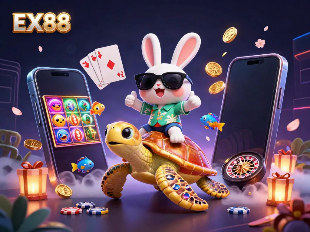 Experience the thrill of EX 88 with a lucky rabbit and golden sea turtle among vibrant casino elements.