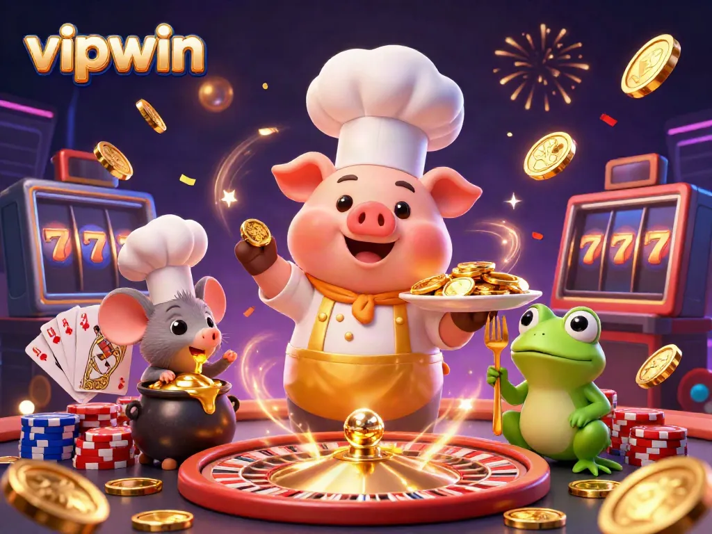 Experience winning thrills in vipwin's vibrant cartoon casino, featuring exciting characters and gold coins.