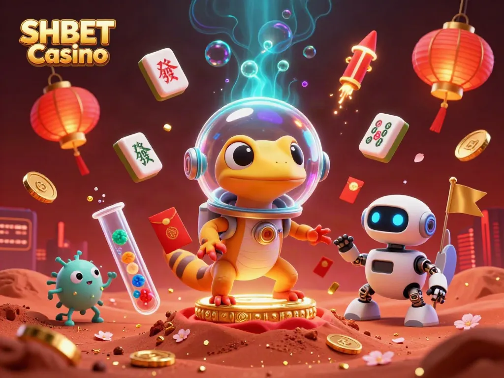 Experience the thrill at SHBET Casino with a vibrant 3D illustration of a Martian gecko discovering a golden casino.