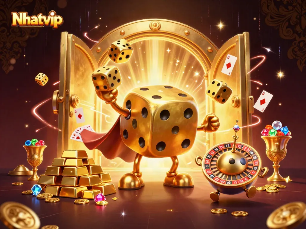 Nhatvip showcases vibrant gambling elements with a dynamic golden dice golem illustration.