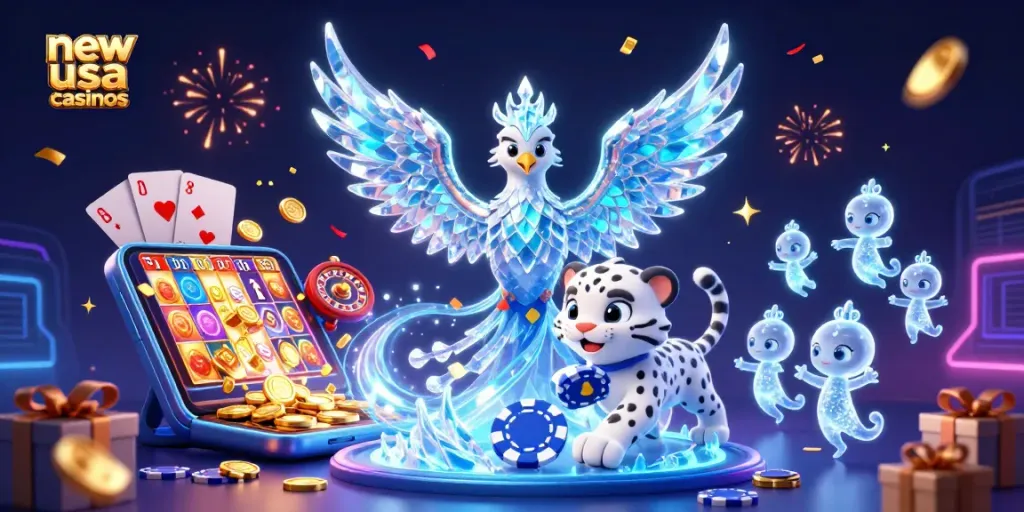 Experience the joy of new USA casinos with a colorful 3D illustration of a phoenix and gaming elements.