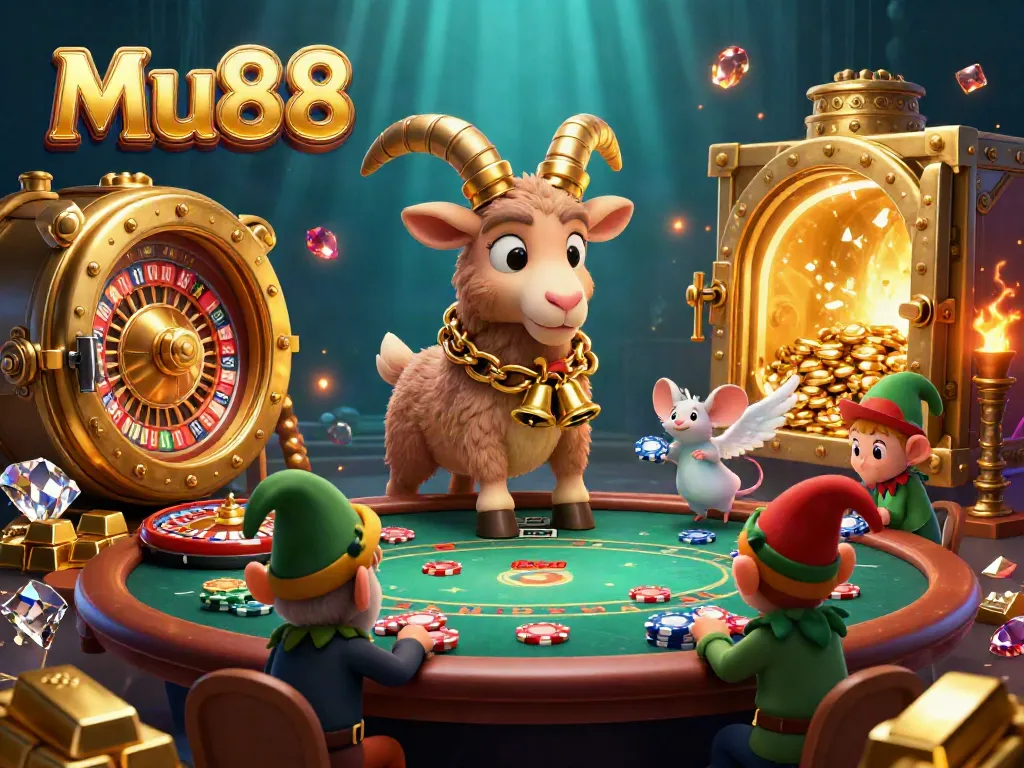 Experience the thrilling Mu88 casino chaos with Krampus, a mouse, and elf gremlins amidst golden treasures.