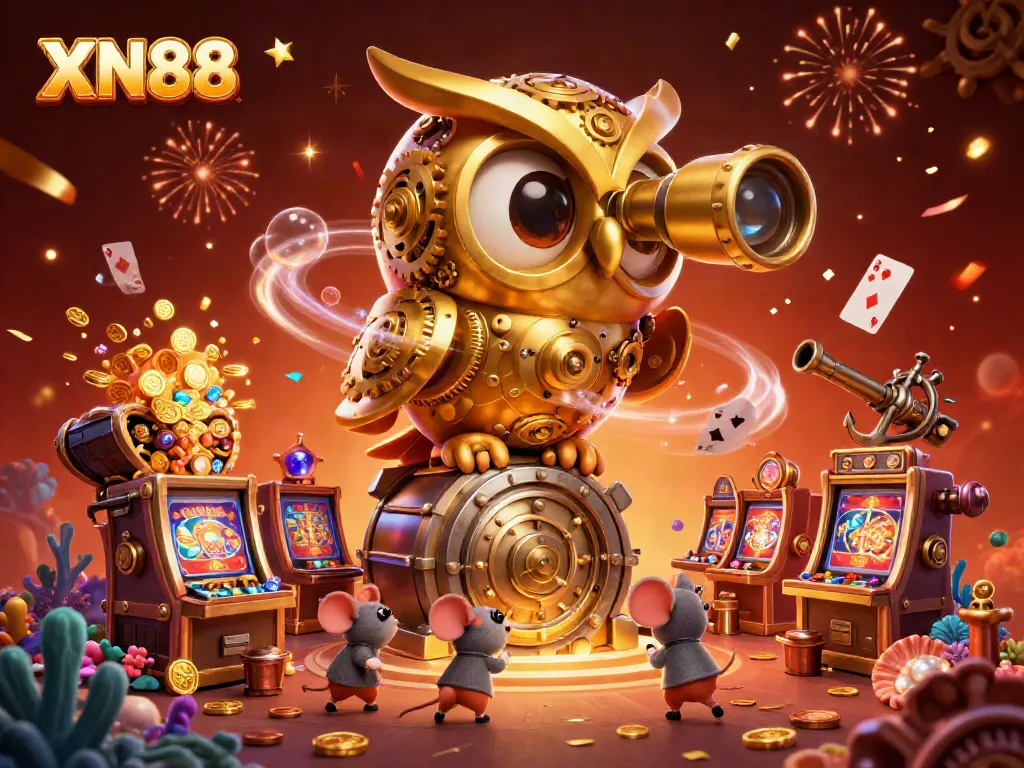 Experience the thrill of XN88's casino scene as a golden owl oversees the action.