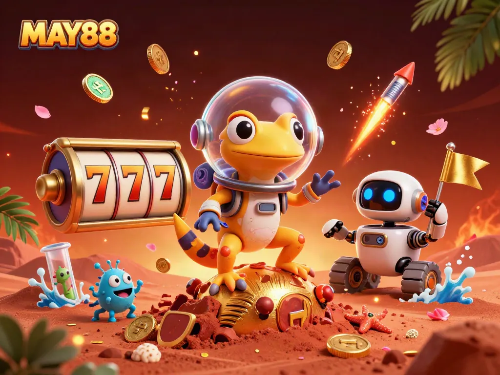 Experience thrilling action at MAY88 with a vibrant 3D casino scene featuring exciting slot games.
