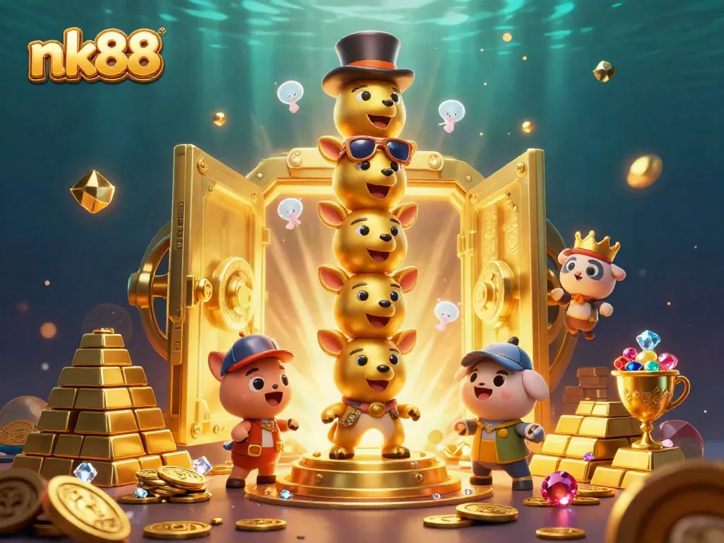 Experience the excitement at nk88 with a vibrant 3D casino scene showcasing animated totem poles, treasures, and dynamic elements.