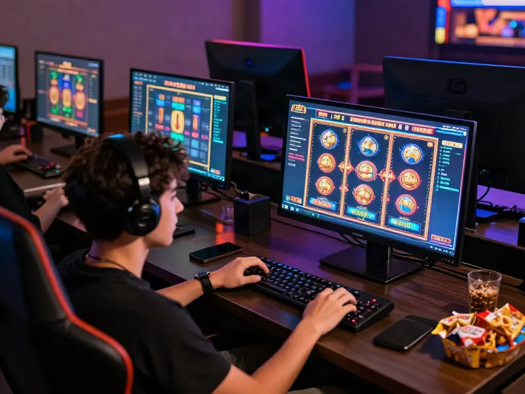 Player enjoying slots at i24Slots Casino with colorful screen and cozy gaming setup.