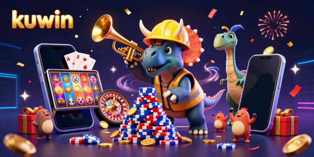 Kuwin’s vibrant 3D casino scene showcases a triceratops and parasaurolophus amid celebration, surrounded by dynamic gaming elements.