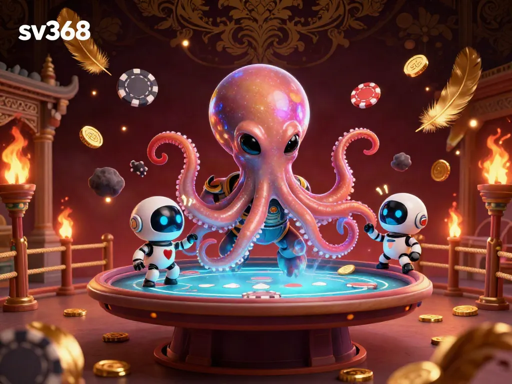 The sv368 alien octopus operates a holographic poker table while surrounded by dynamic gambling elements.