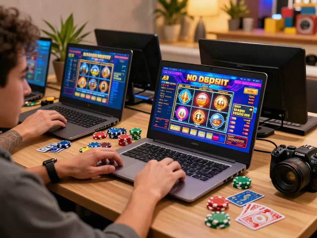 Player enjoying a bonus sans depot casino on a laptop amidst vibrant gaming atmosphere.