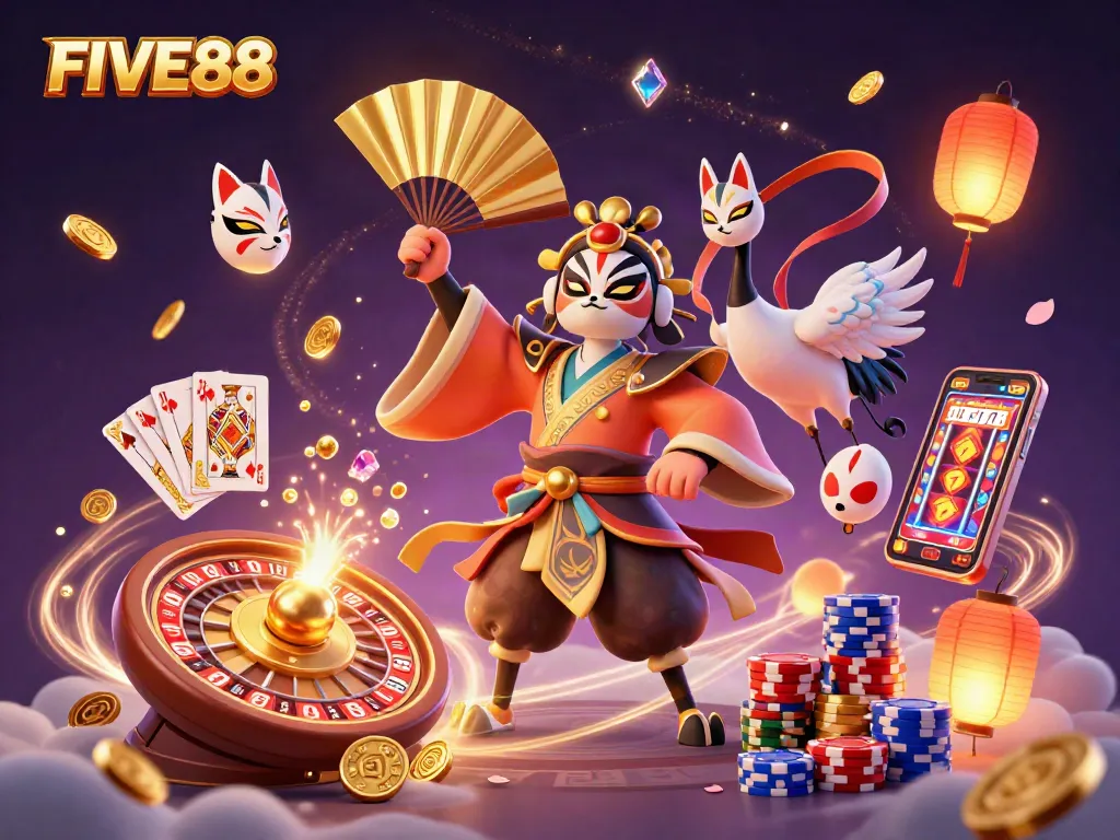 Engage with FIVE88's dynamic online gaming experience through vivid visuals of casino excitement.